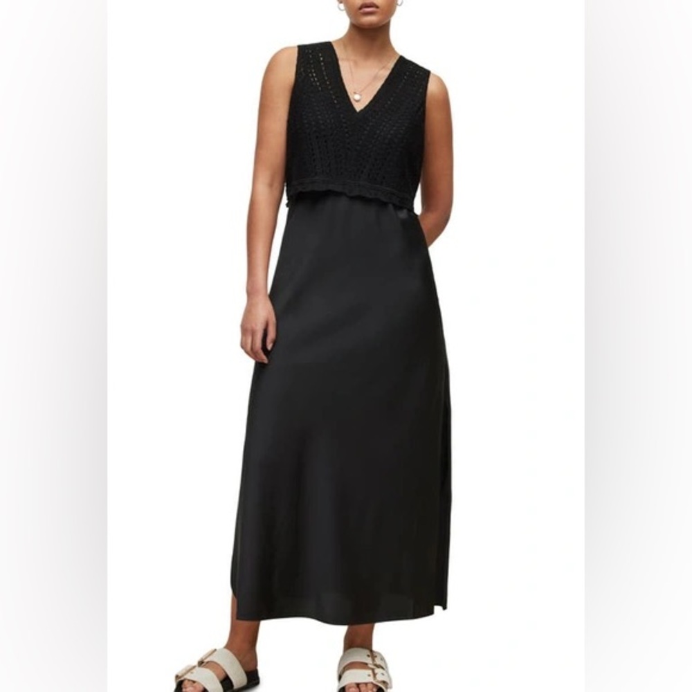 All Saints - CASS LAYERED LOOK CROCHET CROP TOP & SATIN SLIP DRESS IN BLACK